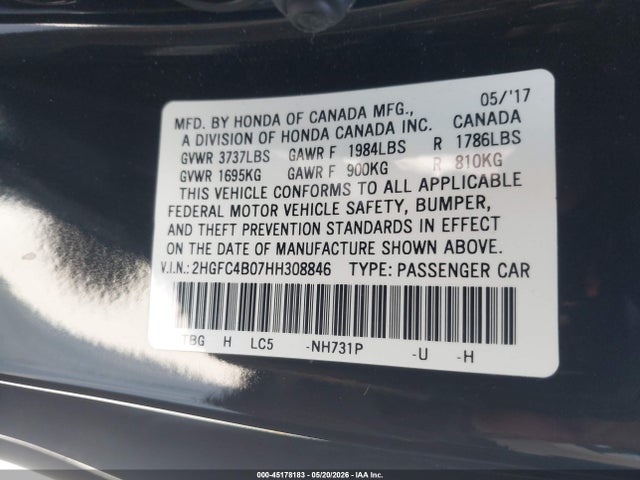 Auction sale of the 2017 Honda Civic Lx-p, vin: 2HGFC4B07HH308846, lot number: 45178183