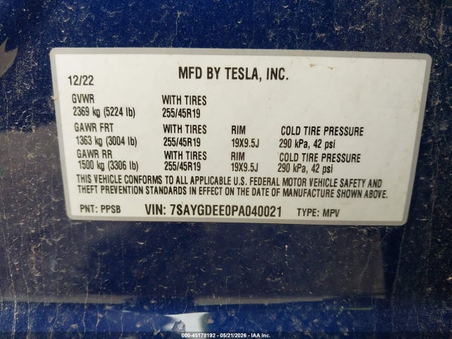 Продажа на аукционе авто 2023 Tesla Model Y, vin: 7SAYGDEE0PA040021, номер лота: 45178192