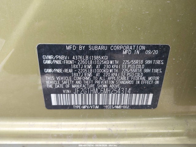 Aukcja sprzedaży 2021 Subaru Crosstrek Limited, vin: JF2GTHMC6MH254314, numer aukcji: 45178214