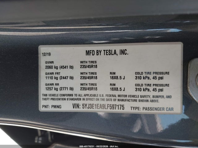 Aukcja sprzedaży 2020 Tesla Model 3 Standard Range Plus Rear-wheel Drive/standard Range Rear-wheel Drive, vin: 5YJ3E1EA9LF597175, numer aukcji: 45178231