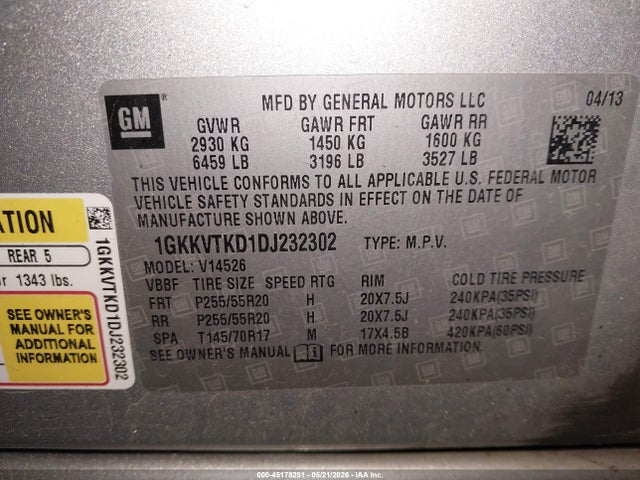 Aukcja sprzedaży 2013 Gmc Acadia Denali, vin: 1GKKVTKD1DJ232302, numer aukcji: 45178251