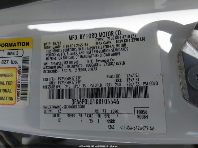 Ford Fusion Hybrid Se 2019 3FA6P0LU1KR105546 Image 9