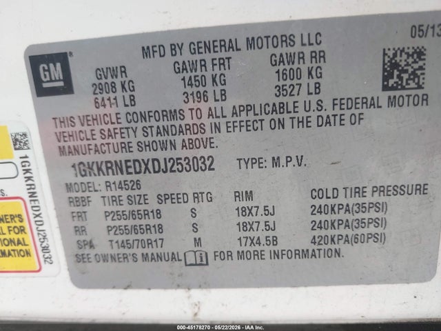 Auction sale of the 2013 Gmc Acadia Sle-1, vin: 1GKKRNEDXDJ253032, lot number: 45178270