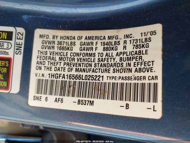 2006 Honda Civic Lx მანქანა იყიდება აუქციონზე, vin: 1HGFA16566L025221, აუქციონის ნომერი: 45178279