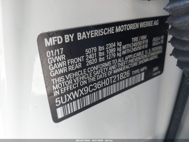 Aukcja sprzedaży 2017 Bmw X3 Xdrive28i, vin: 5UXWX9C36H0T21826, numer aukcji: 45178292