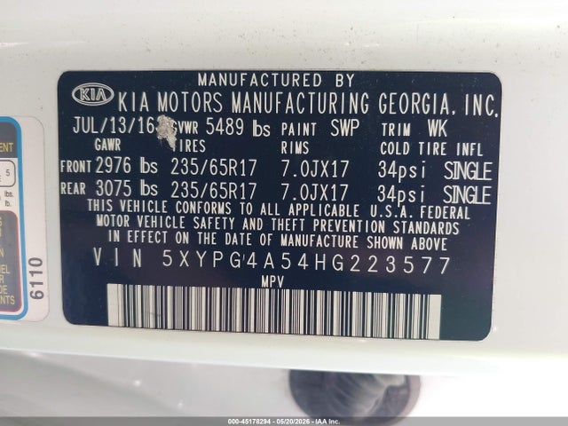 45178294 :رقم المزاد ، 5XYPG4A54HG223577 vin ، 2017 Kia Sorento 3.3l Lx مزاد بيع