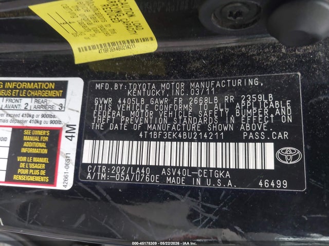 2011 Toyota Camry Xle მანქანა იყიდება აუქციონზე, vin: 4T1BF3EK4BU214211, აუქციონის ნომერი: 45178309