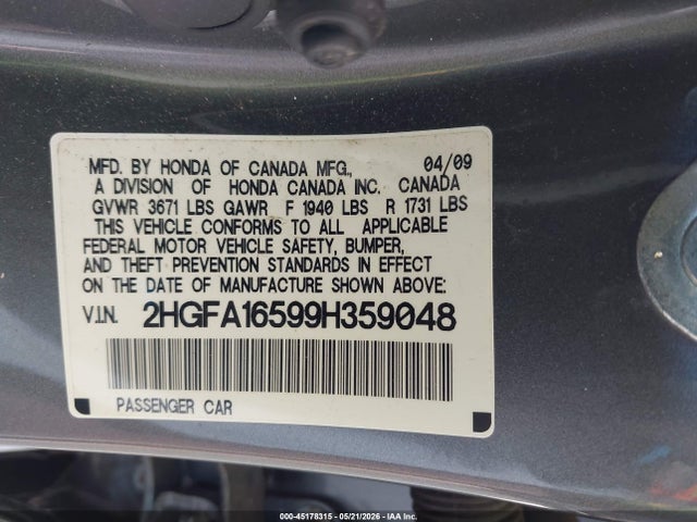 2009 Honda Civic Lx მანქანა იყიდება აუქციონზე, vin: 2HGFA16599H359048, აუქციონის ნომერი: 45178315