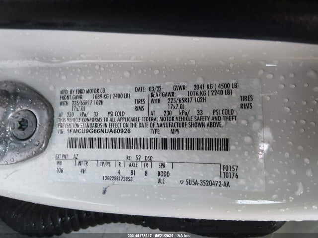 Продажа на аукционе авто 2022 Ford Escape Se, vin: 1FMCU9G66NUA60926, номер лота: 45178317
