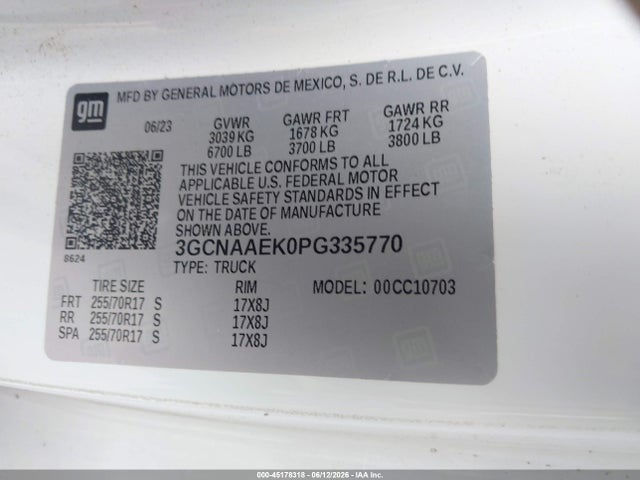 Auction sale of the 2023 Chevrolet Silverado 1500 2wd  Standard Bed Wt, vin: 3GCNAAEK0PG335770, lot number: 45178318