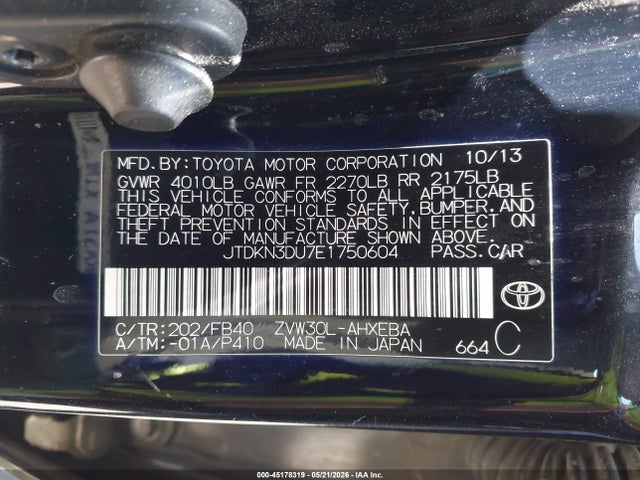 45178319 :رقم المزاد ، JTDKN3DU7E1750604 vin ، 2014 Toyota Prius Three مزاد بيع