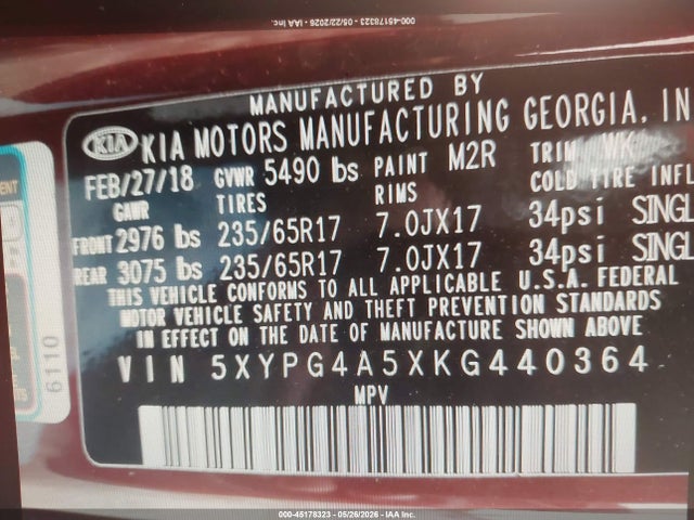 45178323 :رقم المزاد ، 5XYPG4A5XKG440364 vin ، 2019 Kia Sorento 3.3l Lx مزاد بيع