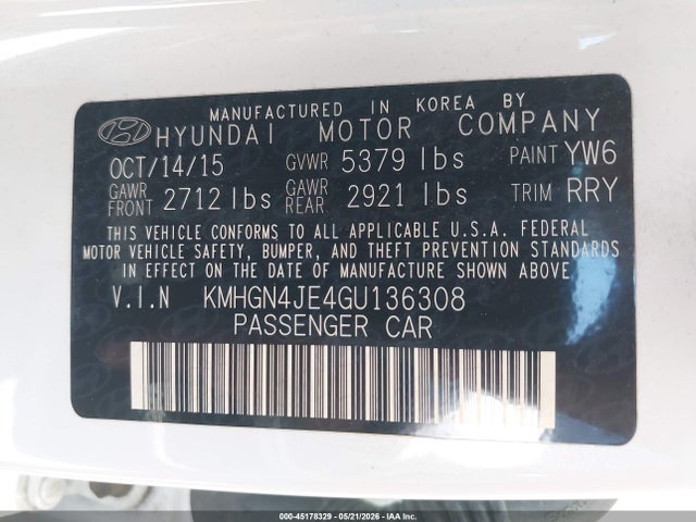 45178329 :رقم المزاد ، KMHGN4JE4GU136308 vin ، 2016 Hyundai Genesis 3.8 مزاد بيع