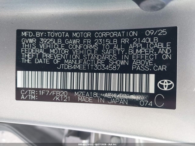 45178331 :رقم المزاد ، JTDB4MEE1T3034587 vin ، 2026 Toyota Corolla Le مزاد بيع