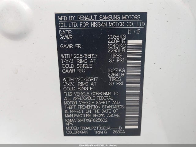 2016 Nissan Rogue S მანქანა იყიდება აუქციონზე, vin: KNMAT2MTXGP625602, აუქციონის ნომერი: 45178336