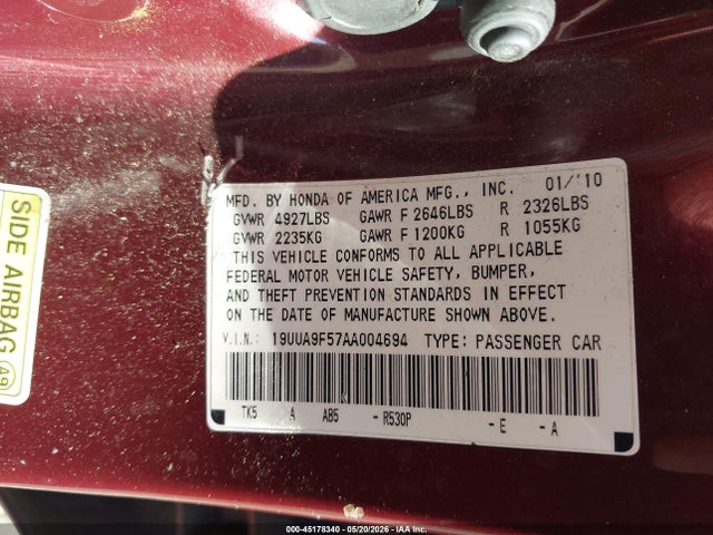 45178340 :رقم المزاد ، 19UUA9F57AA004694 vin ، 2010 Acura Tl 3.7 مزاد بيع