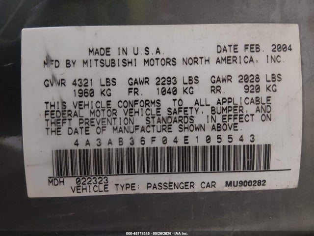 2004 Mitsubishi Galant Es მანქანა იყიდება აუქციონზე, vin: 4A3AB36F04E105543, აუქციონის ნომერი: 45178345