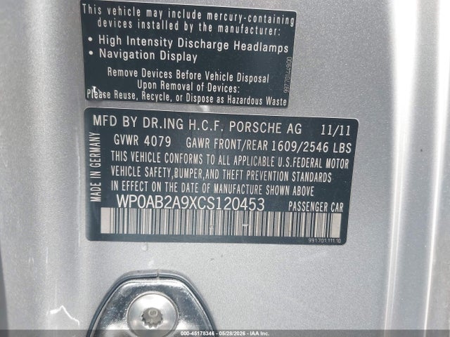 45178346 :رقم المزاد ، WP0AB2A9XCS120453 vin ، 2012 Porsche 911 Carrera S مزاد بيع