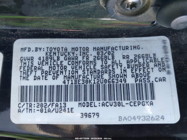 Продаж на аукціоні авто 2002 Toyota Camry Xle, vin: 4T1BE30K12U066349, номер лоту: 45178359