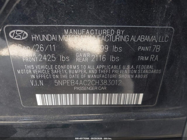 2012 Hyundai Sonata Gls მანქანა იყიდება აუქციონზე, vin: 5NPEB4AC2CH383012, აუქციონის ნომერი: 45178368