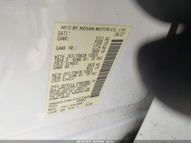 Продаж на аукціоні авто 2017 Nissan Titan Sv, vin: 1N6AA1EJ4HN542268, номер лоту: 45178370