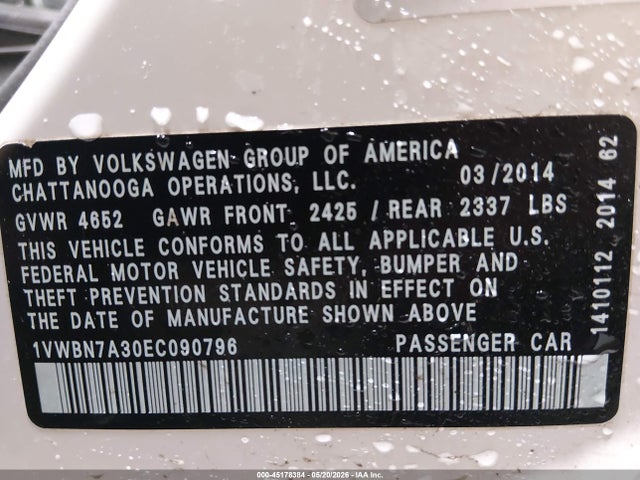 2014 Volkswagen Passat 2.0l Tdi Se მანქანა იყიდება აუქციონზე, vin: 1VWBN7A30EC090796, აუქციონის ნომერი: 45178384