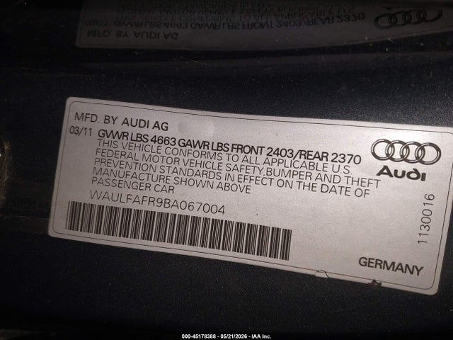 45178388 :رقم المزاد ، WAULFAFR9BA067004 vin ، 2011 Audi A5 2.0t Premium مزاد بيع