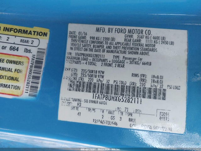 Продажа на аукционе авто 2016 Ford Mustang Ecoboost Premium, vin: 1FATP8UHXG5282111, номер лота: 45178391
