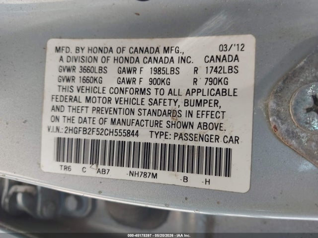 Продаж на аукціоні авто 2012 Honda Civic Lx, vin: 2HGFB2F52CH555844, номер лоту: 45178397