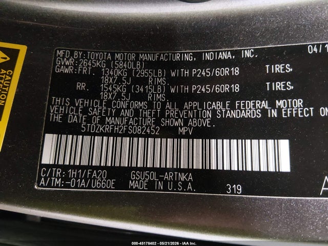 2015 Toyota Highlander Le Plus V6 მანქანა იყიდება აუქციონზე, vin: 5TDZKRFH2FS082452, აუქციონის ნომერი: 45178402
