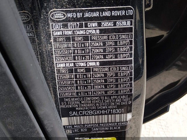 Aukcja sprzedaży 2017 Land Rover Discovery Sport Hse, vin: SALCR2BGXHH718301, numer aukcji: 45178404