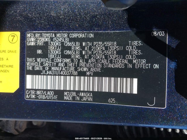 2004 Lexus Rx 330 მანქანა იყიდება აუქციონზე, vin: JTJHA31U140037788, აუქციონის ნომერი: 45178405