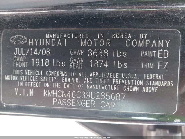 Продаж на аукціоні авто 2009 Hyundai Accent Gls, vin: KMHCN46C39U285687, номер лоту: 45178417