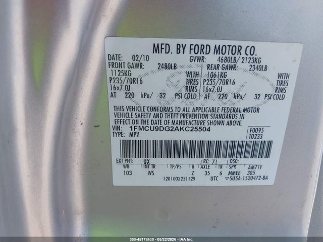 2010 Ford Escape Xlt მანქანა იყიდება აუქციონზე, vin: 1FMCU9DG2AKC25504, აუქციონის ნომერი: 45178430