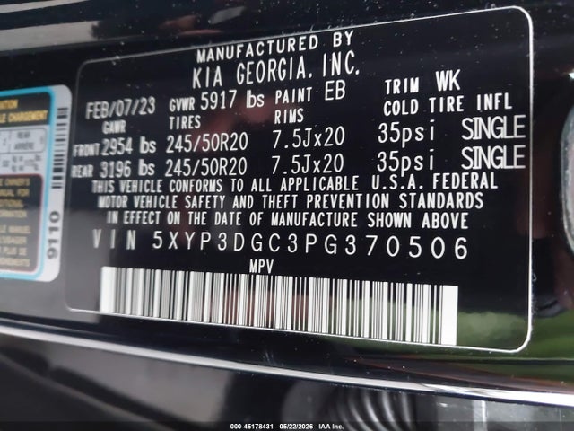 Aukcja sprzedaży 2023 Kia Telluride Ex X-line, vin: 5XYP3DGC3PG370506, numer aukcji: 45178431