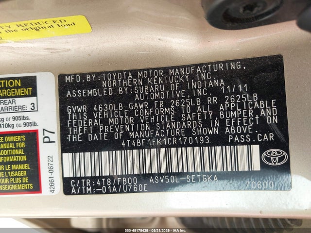 Aukcja sprzedaży 2012 Toyota Camry Xle, vin: 4T4BF1FK1CR170193, numer aukcji: 45178439