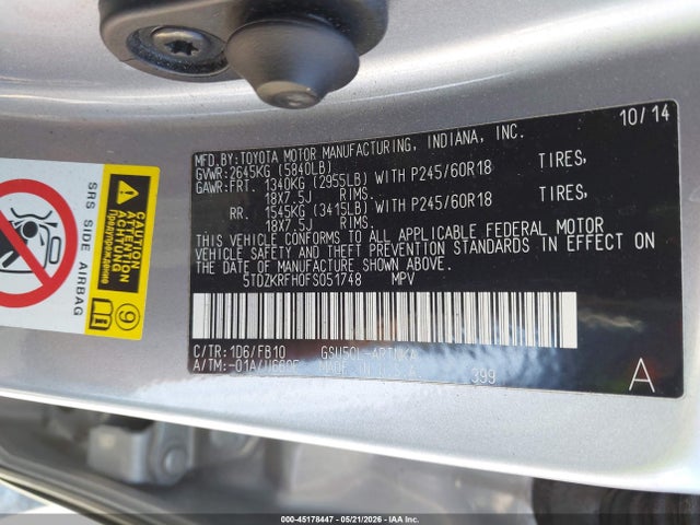 Продажа на аукционе авто 2015 Toyota Highlander Le V6, vin: 5TDZKRFH0FS051748, номер лота: 45178447