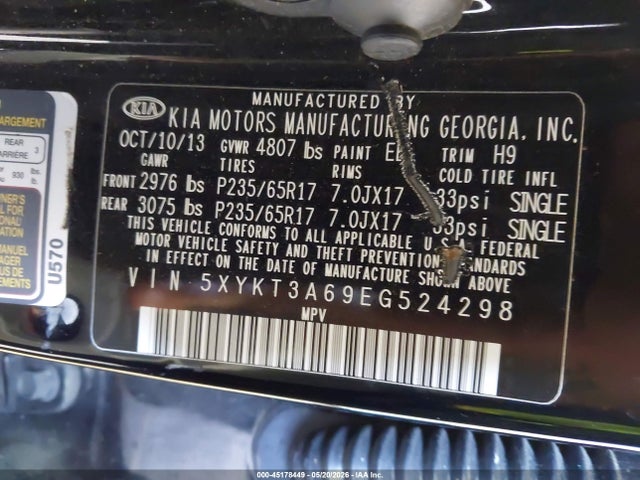 2014 Kia Sorento Lx მანქანა იყიდება აუქციონზე, vin: 5XYKT3A69EG524298, აუქციონის ნომერი: 45178449