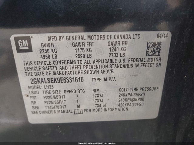 Aukcja sprzedaży 2014 Gmc Terrain Slt-1, vin: 2GKALSEK9E6331616, numer aukcji: 45178450