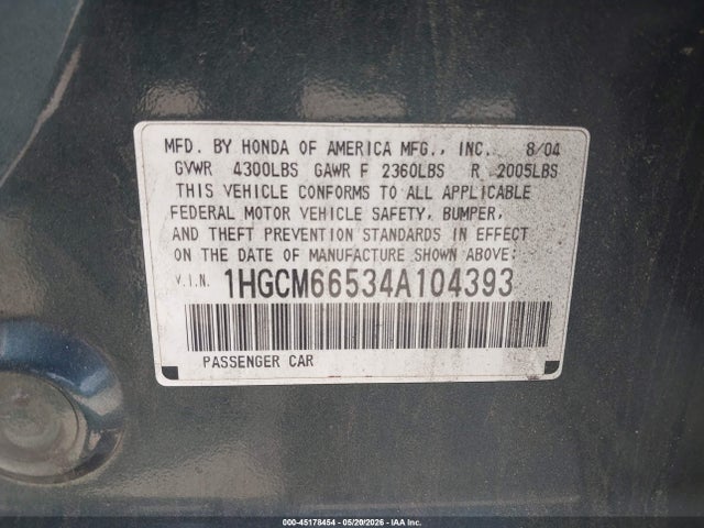 2004 Honda Accord 3.0 Ex მანქანა იყიდება აუქციონზე, vin: 1HGCM66534A104393, აუქციონის ნომერი: 45178454