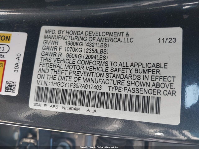 Auction sale of the 2024 Honda Accord Ex, vin: 1HGCY1F39RA017403, lot number: 45178465