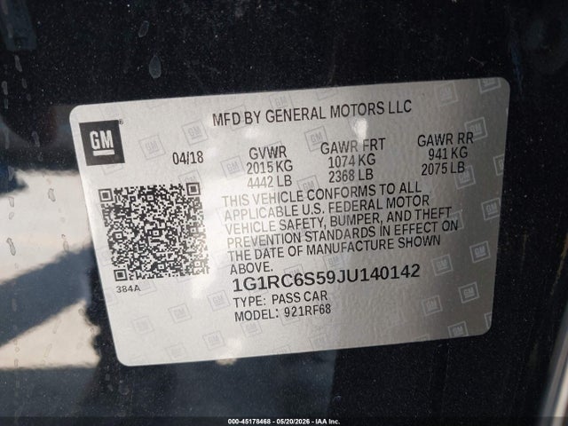 Aukcja sprzedaży 2018 Chevrolet Volt Lt, vin: 1G1RC6S59JU140142, numer aukcji: 45178468