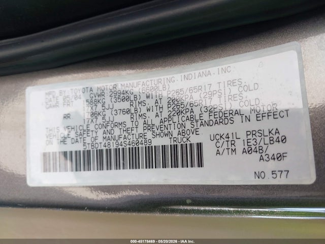 45178469 :رقم المزاد ، 5TBDT48194S460489 vin ، 2004 Toyota Tundra Limited V8 مزاد بيع
