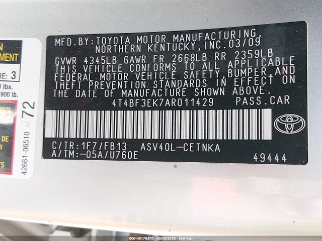 45178470 :رقم المزاد ، 4T4BF3EK7AR011429 vin ، 2010 Toyota Camry Le مزاد بيع