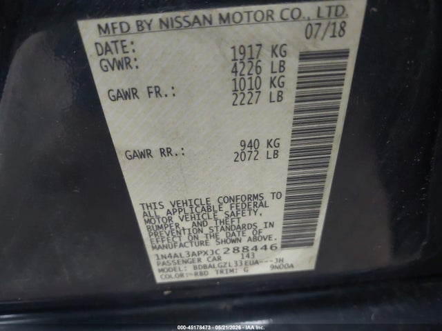Продаж на аукціоні авто 2018 Nissan Altima 2.5 S, vin: 1N4AL3APXJC288446, номер лоту: 45178473
