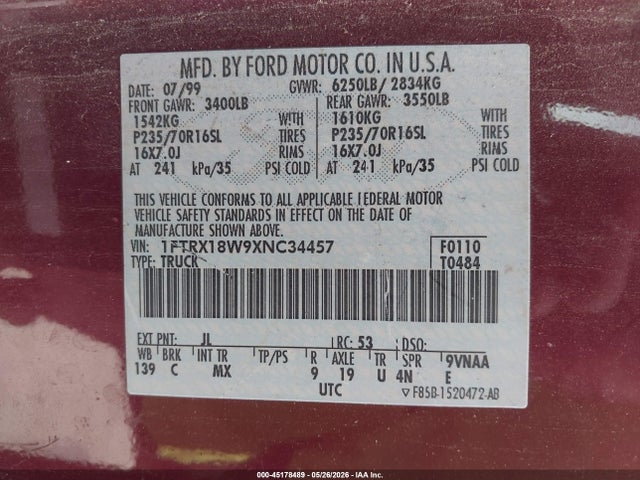 1999 Ford F150 მანქანა იყიდება აუქციონზე, vin: 1FTRX18W9XNC34457, აუქციონის ნომერი: 45178489