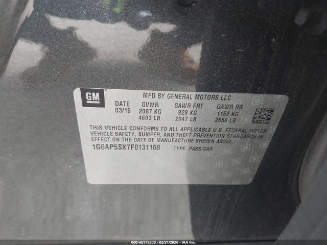 2015 Cadillac Cts Standard მანქანა იყიდება აუქციონზე, vin: 1G6AP5SX7F0131168, აუქციონის ნომერი: 45178500