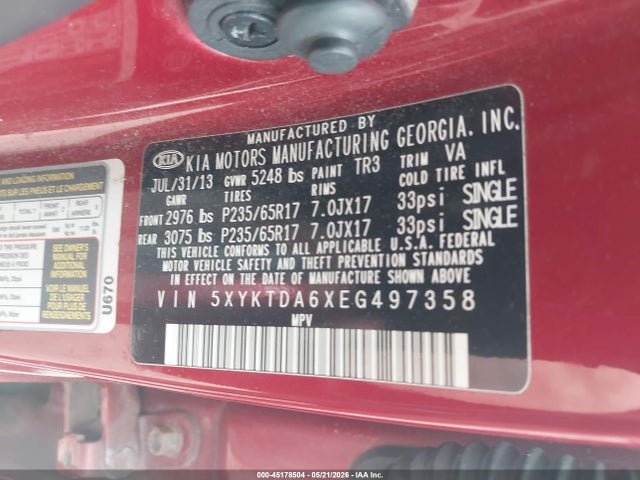 45178504 :رقم المزاد ، 5XYKTDA6XEG497358 vin ، 2014 Kia Sorento Lx مزاد بيع