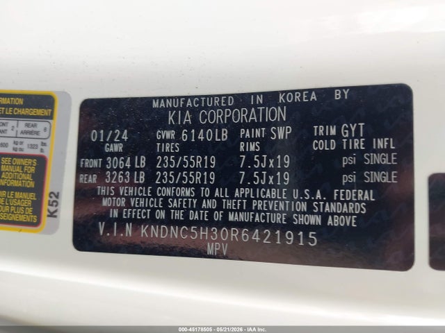 Aukcja sprzedaży 2024 Kia Carnival Mpv Ex, vin: KNDNC5H30R6421915, numer aukcji: 45178505
