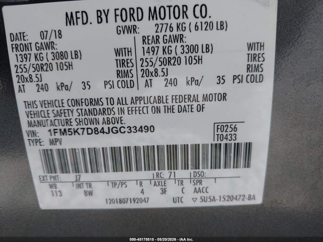 Aukcja sprzedaży 2018 Ford Explorer Xlt, vin: 1FM5K7D84JGC33490, numer aukcji: 45178515